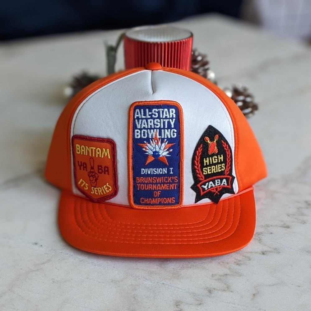 CUSTOM 80s Vintage Orange Hat with Bowling Patches